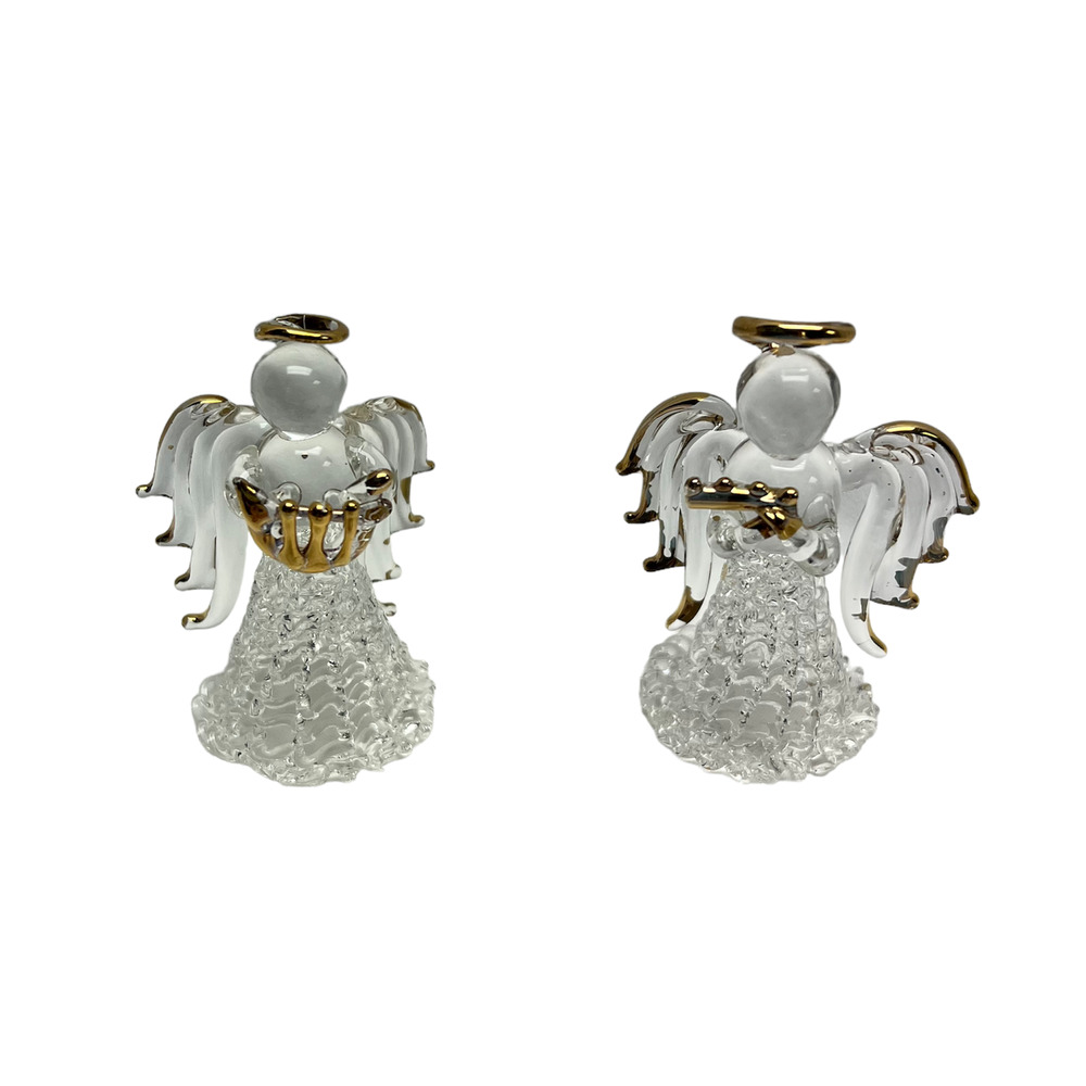 Miniature Crystal Angels Lot of 2 With Musical Instruments Gold Tone Accents